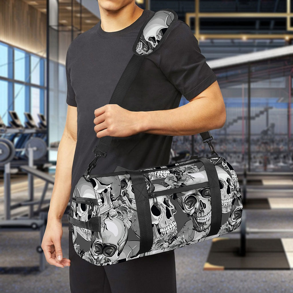 Monochrome Skull Flowers Pattern Print Gym Bag