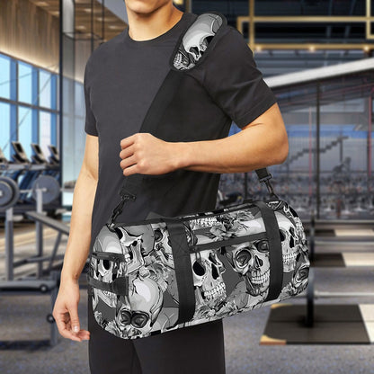 Monochrome Skull Flowers Pattern Print Gym Bag