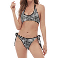 Monochrome Skull Flowers Pattern Print Halter Scoop Tie Side Bikini