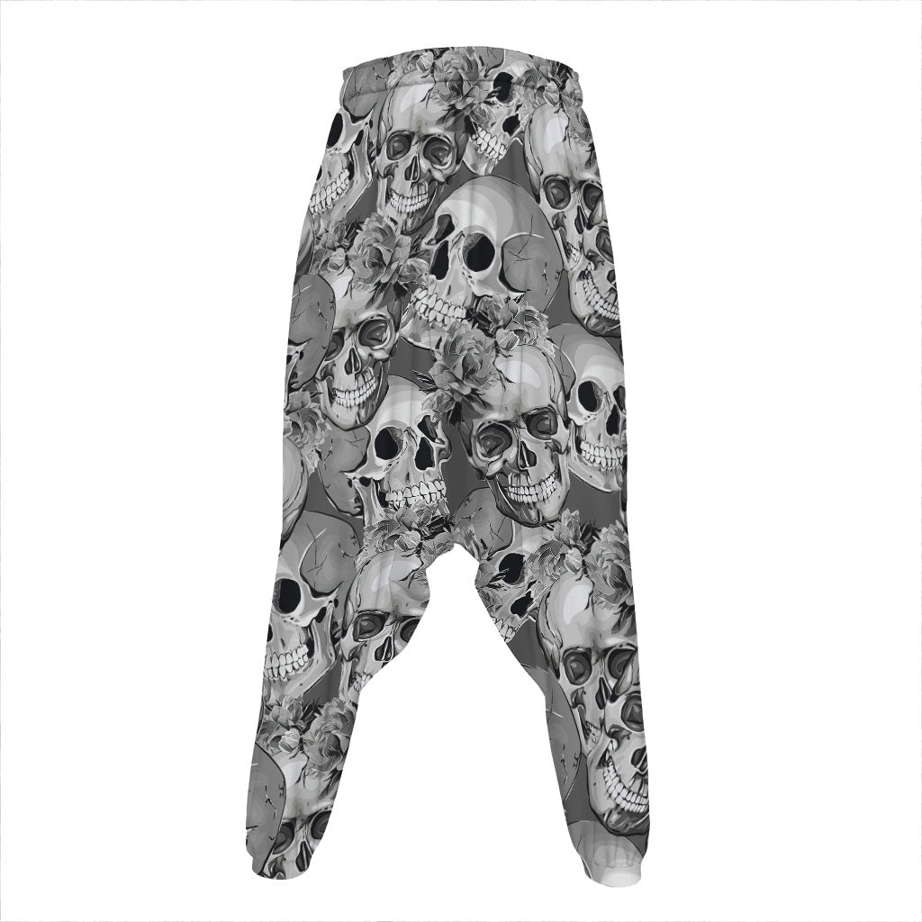 Monochrome Skull Flowers Pattern Print Hammer Pants