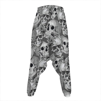 Monochrome Skull Flowers Pattern Print Hammer Pants