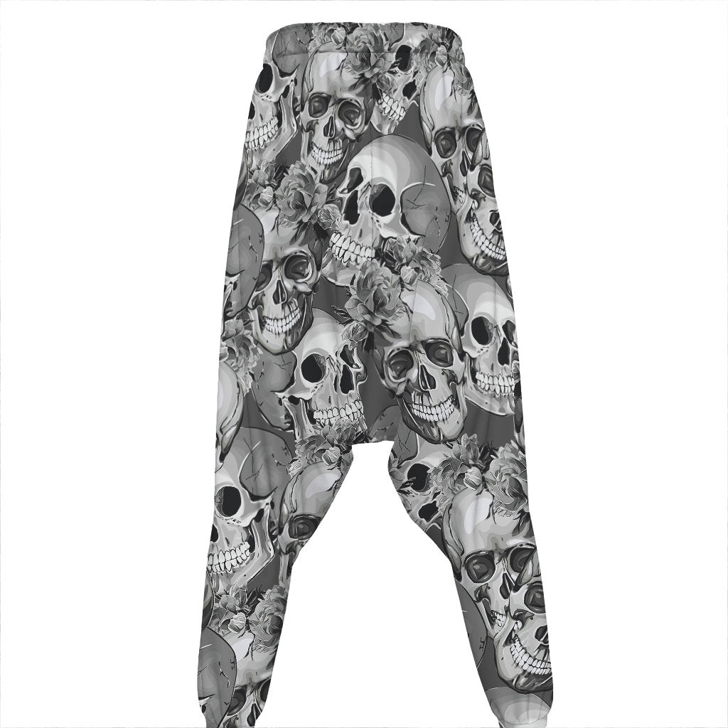 Monochrome Skull Flowers Pattern Print Hammer Pants
