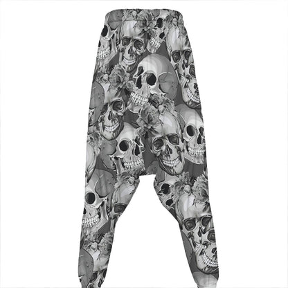 Monochrome Skull Flowers Pattern Print Hammer Pants