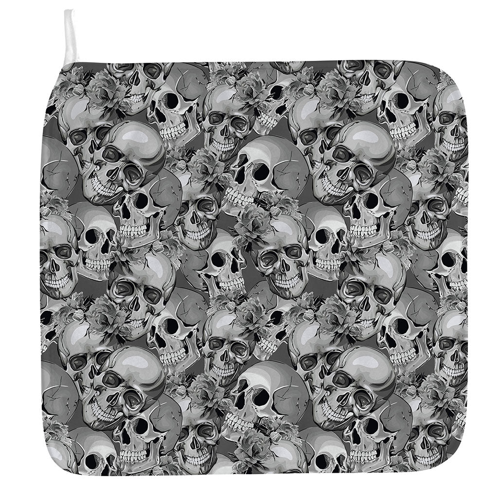 Monochrome Skull Flowers Pattern Print Hand Towel