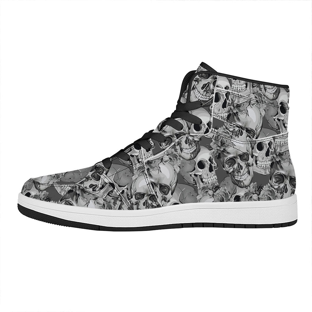 Monochrome Skull Flowers Pattern Print High Top Leather Sneakers