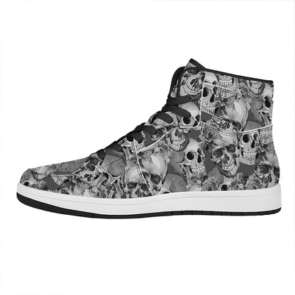 Monochrome Skull Flowers Pattern Print High Top Leather Sneakers