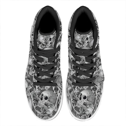 Monochrome Skull Flowers Pattern Print High Top Leather Sneakers