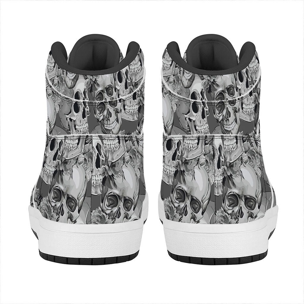Monochrome Skull Flowers Pattern Print High Top Leather Sneakers