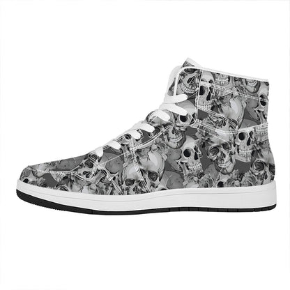 Monochrome Skull Flowers Pattern Print High Top Leather Sneakers
