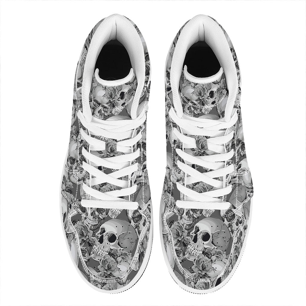 Monochrome Skull Flowers Pattern Print High Top Leather Sneakers
