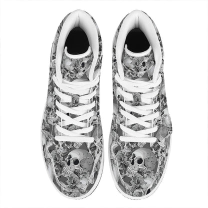 Monochrome Skull Flowers Pattern Print High Top Leather Sneakers