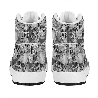 Monochrome Skull Flowers Pattern Print High Top Leather Sneakers