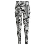 Monochrome Skull Flowers Pattern Print High-Waisted Pocket Leggings