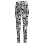 Monochrome Skull Flowers Pattern Print High-Waisted Pocket Leggings