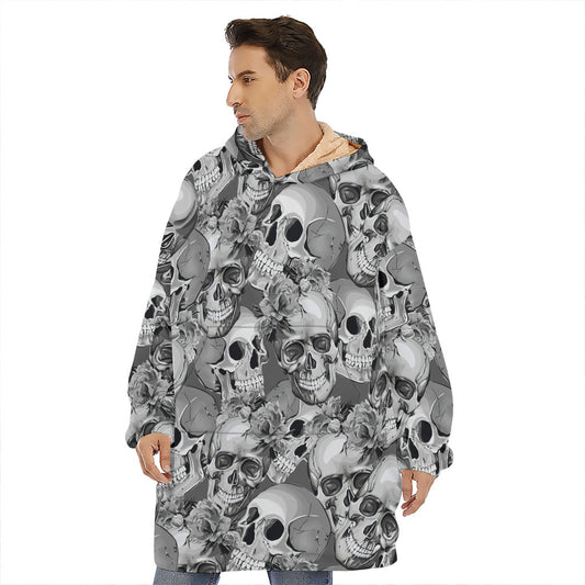 Monochrome Skull Flowers Pattern Print Hoodie Blanket