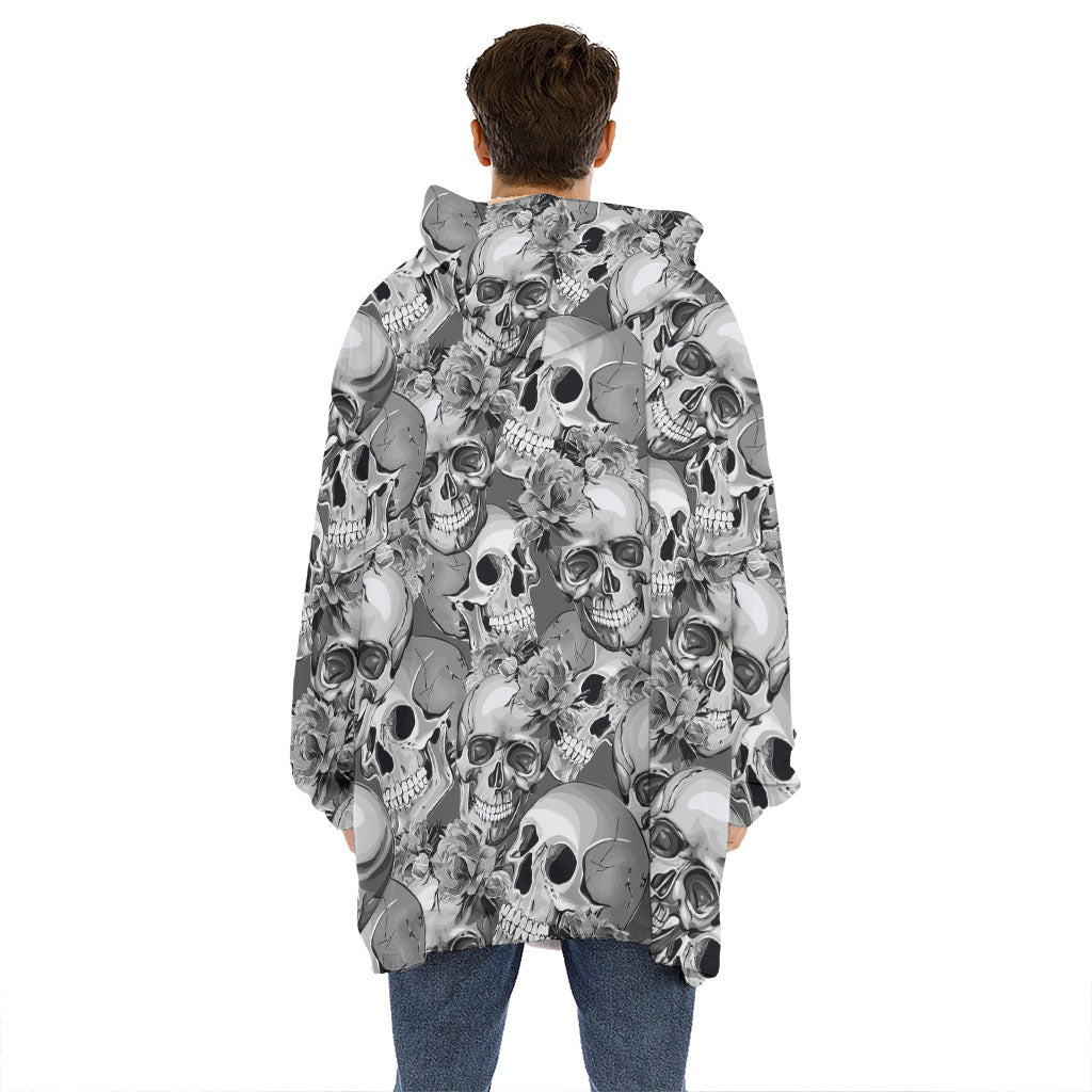 Monochrome Skull Flowers Pattern Print Hoodie Blanket