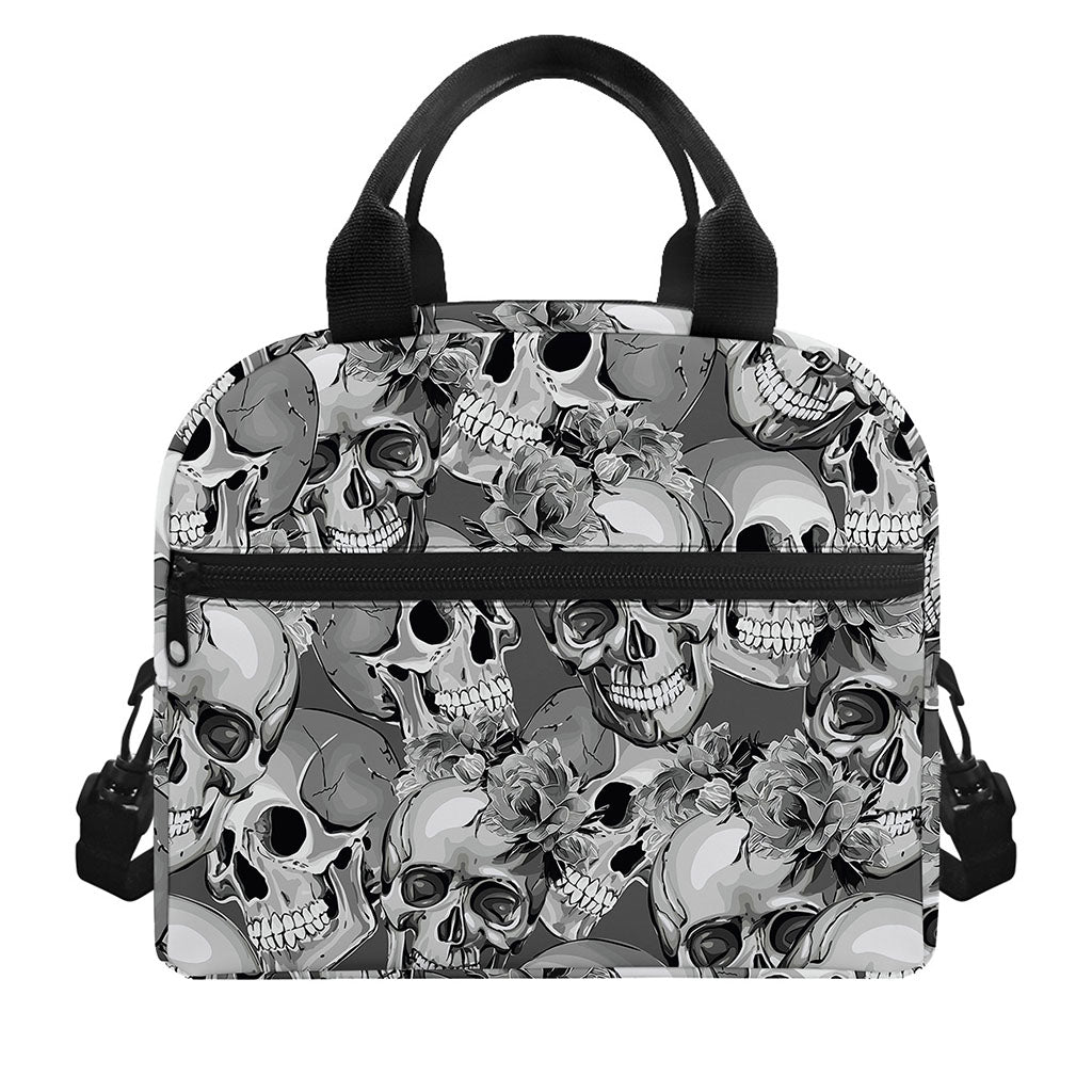 Monochrome Skull Flowers Pattern Print Insulated Lunch Bag