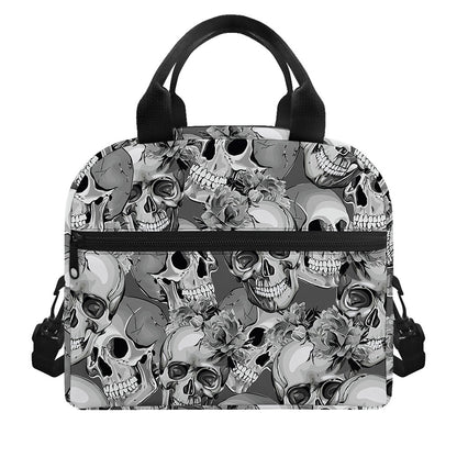 Monochrome Skull Flowers Pattern Print Insulated Lunch Bag