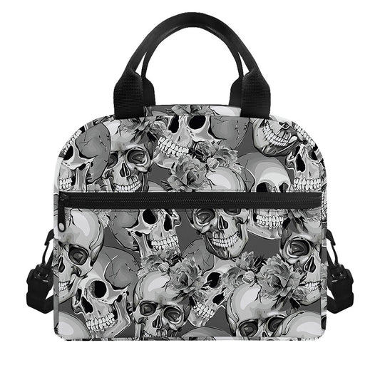 Monochrome Skull Flowers Pattern Print Insulated Lunch Bag