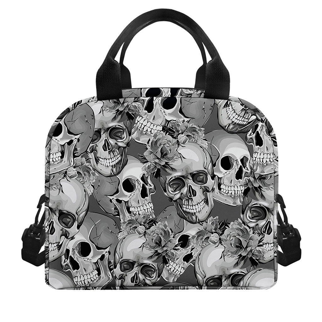 Monochrome Skull Flowers Pattern Print Insulated Lunch Bag