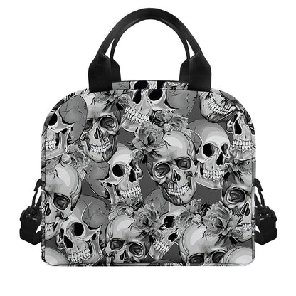 Monochrome Skull Flowers Pattern Print Insulated Lunch Bag
