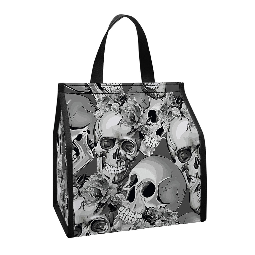 Monochrome Skull Flowers Pattern Print Insulated Lunch Tote