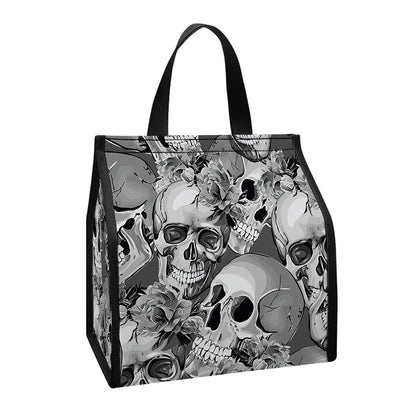 Monochrome Skull Flowers Pattern Print Insulated Lunch Tote