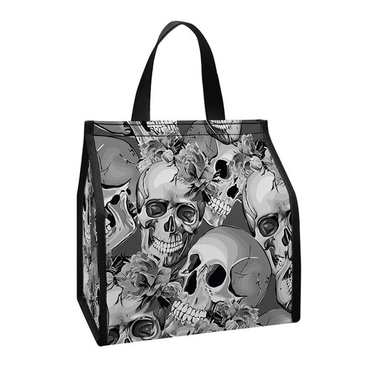 Monochrome Skull Flowers Pattern Print Insulated Lunch Tote