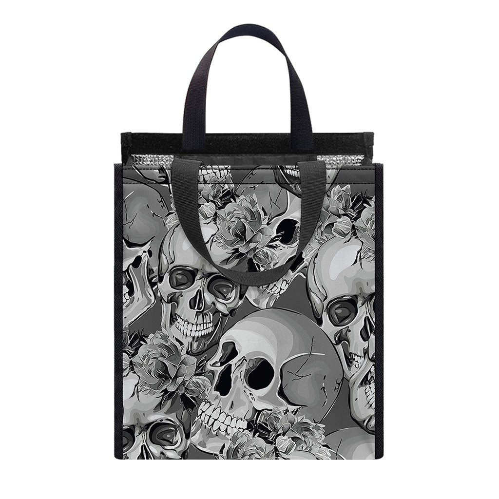 Monochrome Skull Flowers Pattern Print Insulated Lunch Tote