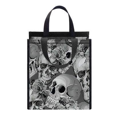Monochrome Skull Flowers Pattern Print Insulated Lunch Tote