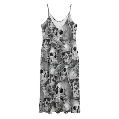 Monochrome Skull Flowers Pattern Print Jersey Midi Cami Dress