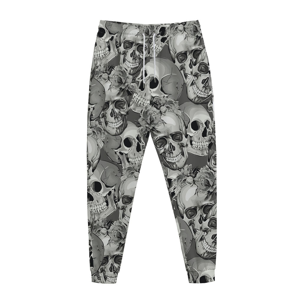 Monochrome Skull Flowers Pattern Print Jogger Pants