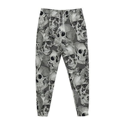 Monochrome Skull Flowers Pattern Print Jogger Pants