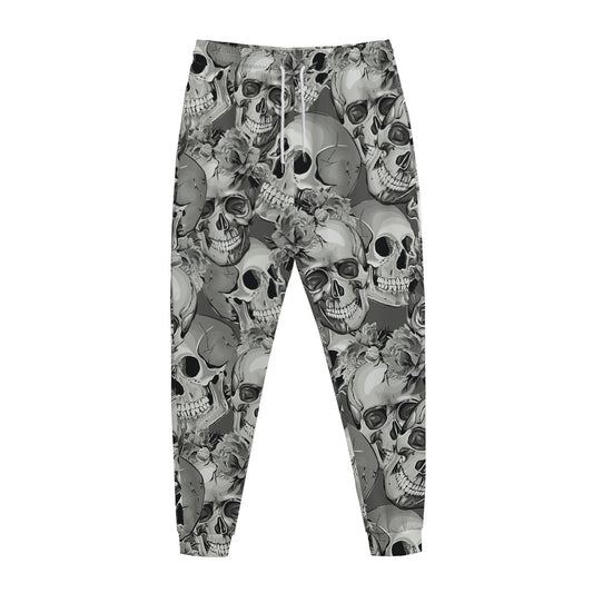 Monochrome Skull Flowers Pattern Print Jogger Pants