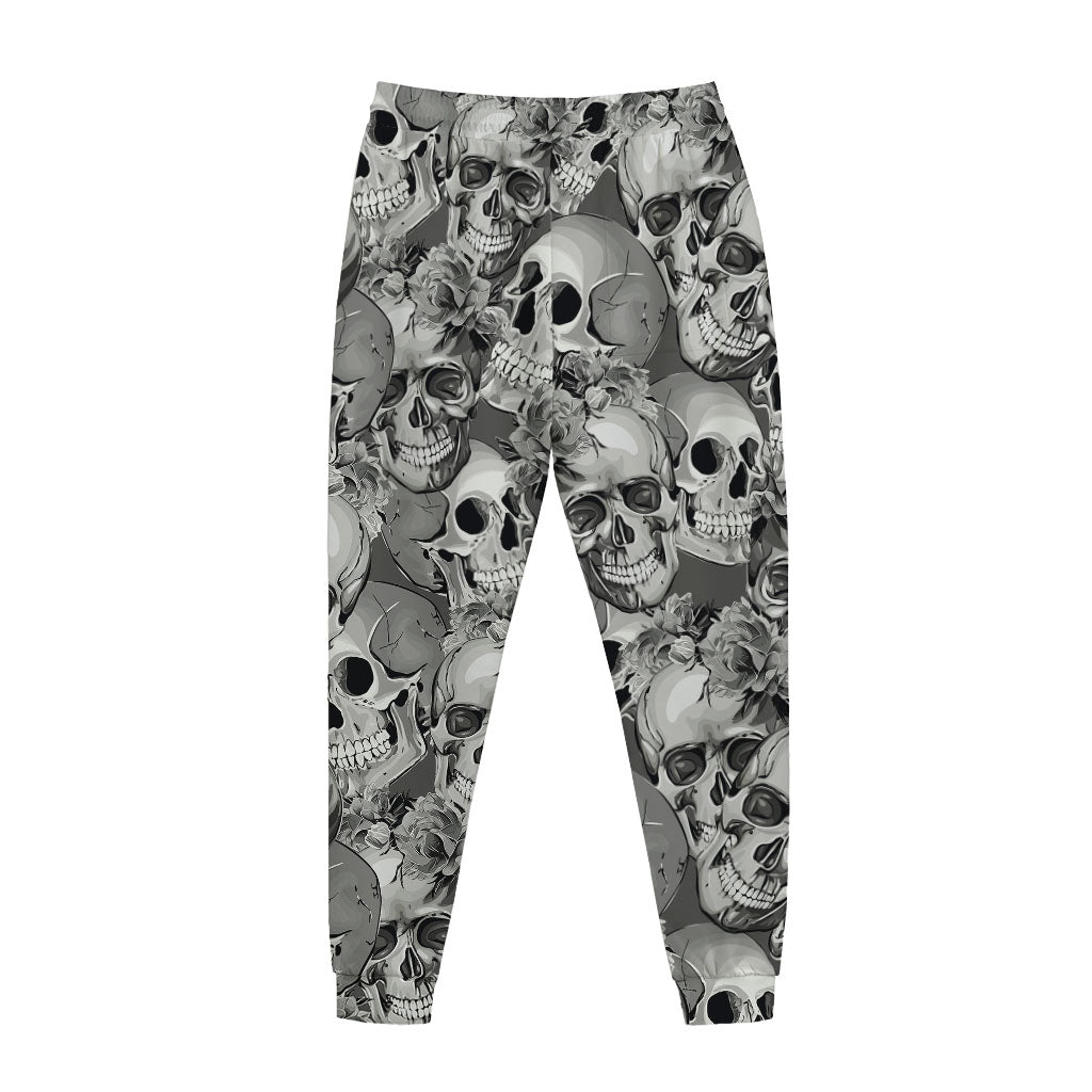 Monochrome Skull Flowers Pattern Print Jogger Pants