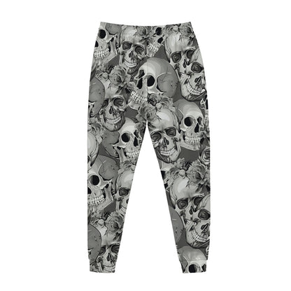 Monochrome Skull Flowers Pattern Print Jogger Pants