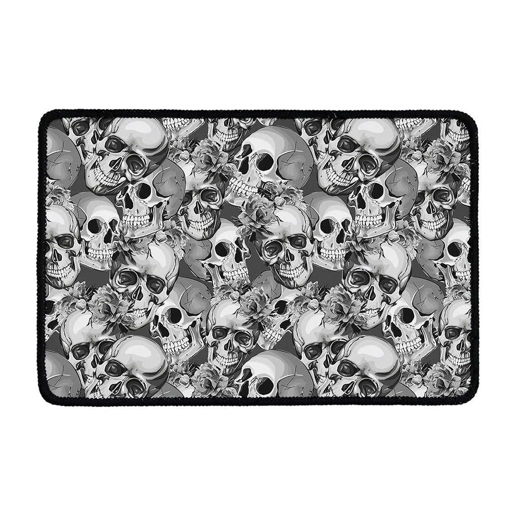 Monochrome Skull Flowers Pattern Print Kitchen Mat