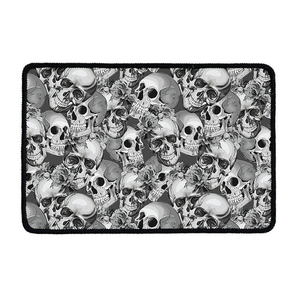 Monochrome Skull Flowers Pattern Print Kitchen Mat