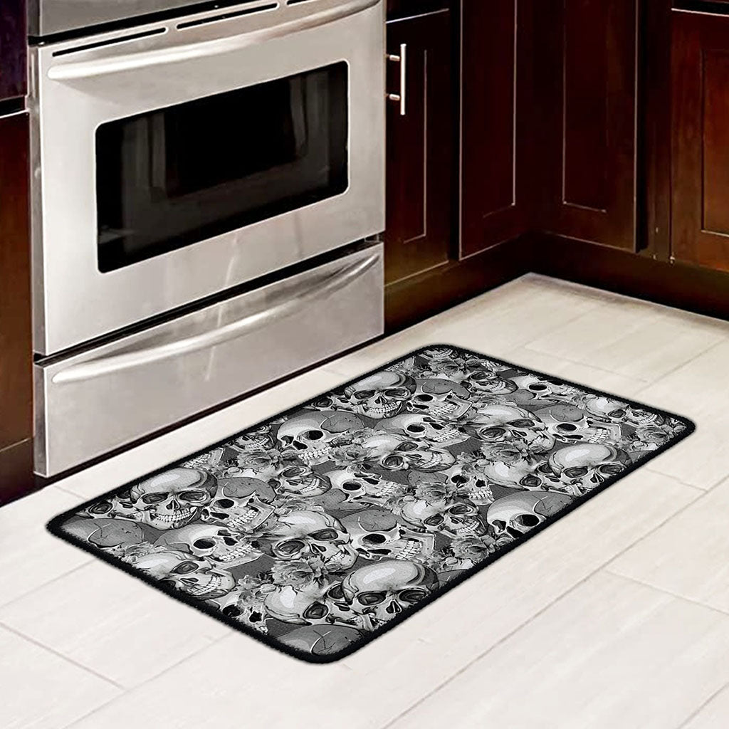 Monochrome Skull Flowers Pattern Print Kitchen Mat