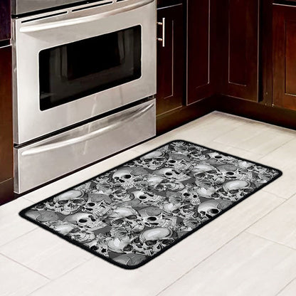 Monochrome Skull Flowers Pattern Print Kitchen Mat