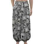 Monochrome Skull Flowers Pattern Print Lantern Pants