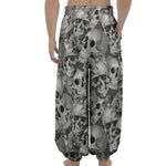 Monochrome Skull Flowers Pattern Print Lantern Pants