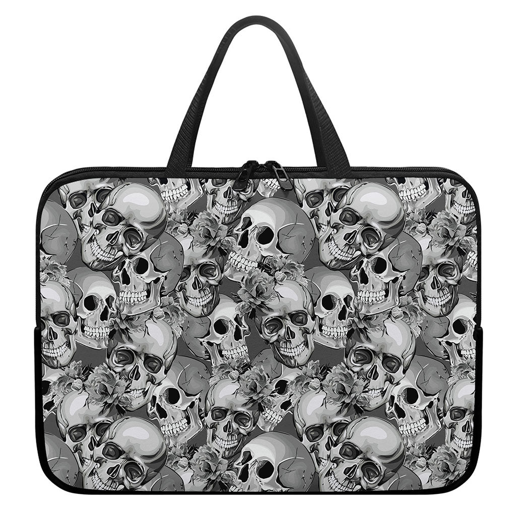 Monochrome Skull Flowers Pattern Print Laptop Sleeve With Handle
