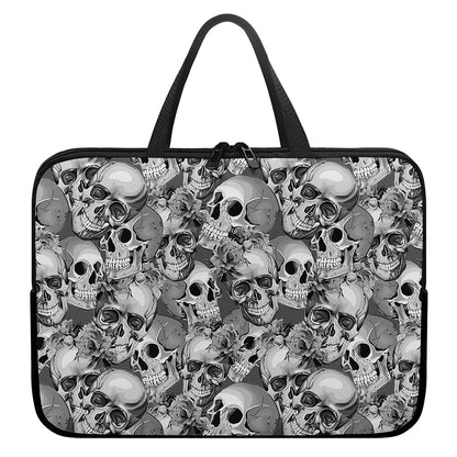 Monochrome Skull Flowers Pattern Print Laptop Sleeve With Handle