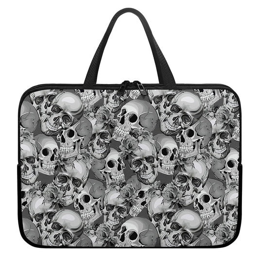 Monochrome Skull Flowers Pattern Print Laptop Sleeve With Handle