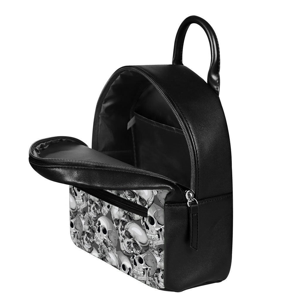 Monochrome Skull Flowers Pattern Print Leather Backpack