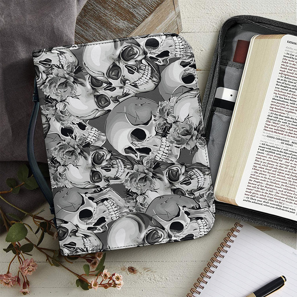 Monochrome Skull Flowers Pattern Print Leather Bible Cover
