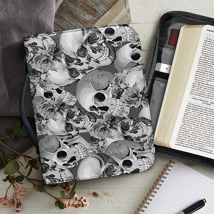 Monochrome Skull Flowers Pattern Print Leather Bible Cover