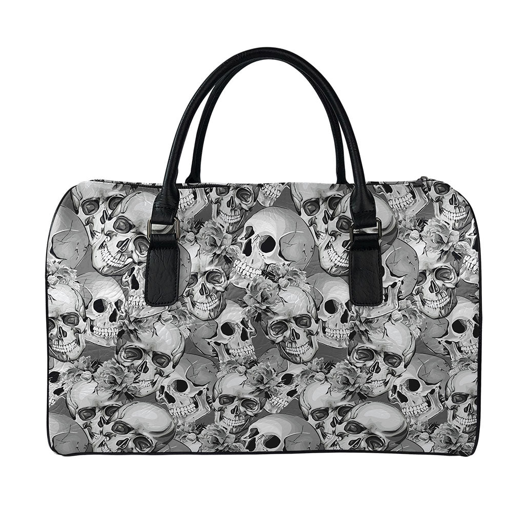 Monochrome Skull Flowers Pattern Print Leather Duffle Bag