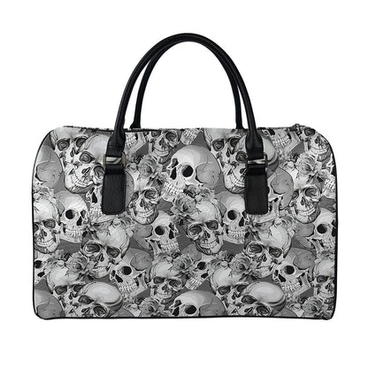 Monochrome Skull Flowers Pattern Print Leather Duffle Bag